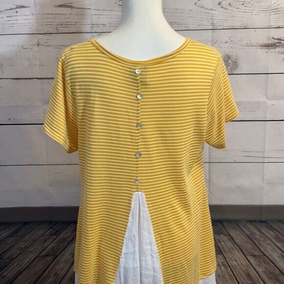 Bobeau Top Tee Shirt Womens Large Yellow Striped Ruffle Soft Button Back Peasant - Picture 6 of 13